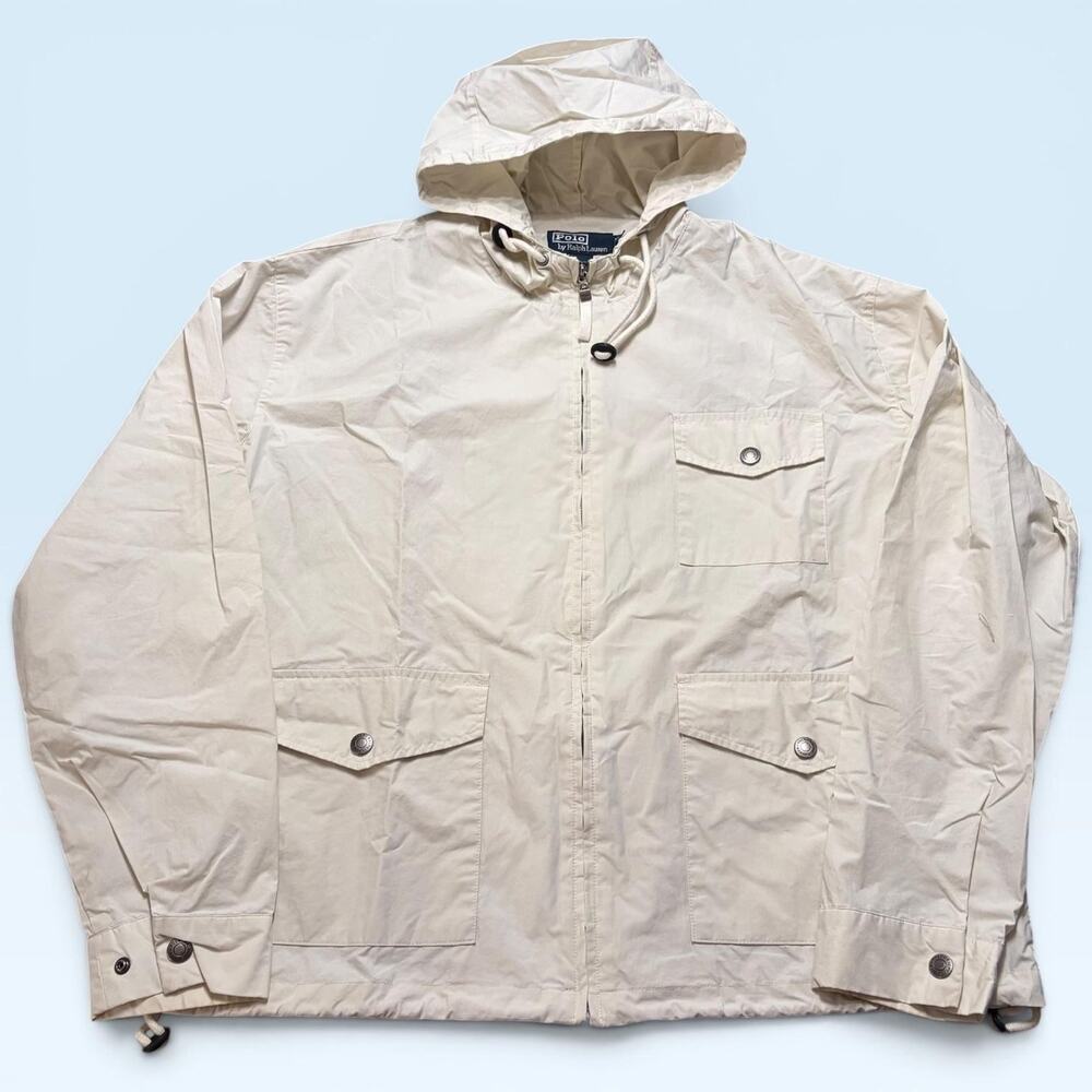 Polo Ralph Lauren Jacket Mens Large White Hooded Canvas Windbreaker Full Zip
